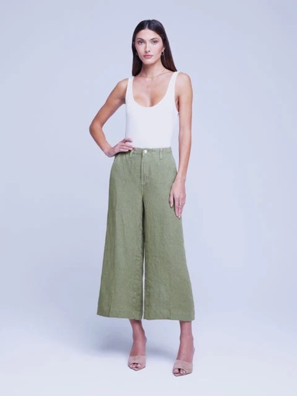 L'AGENCE Olive Green Cropped Wide-Leg Linen Pants